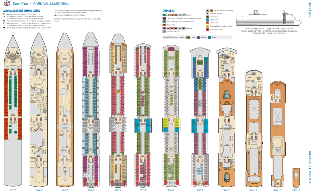 Deck plan of the Carnival Luminosa, showcasing ship layout and amenities.