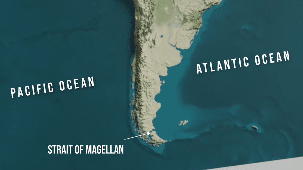 Map highlighting the Strait of Magellan, connecting the Atlantic and Pacific Oceans