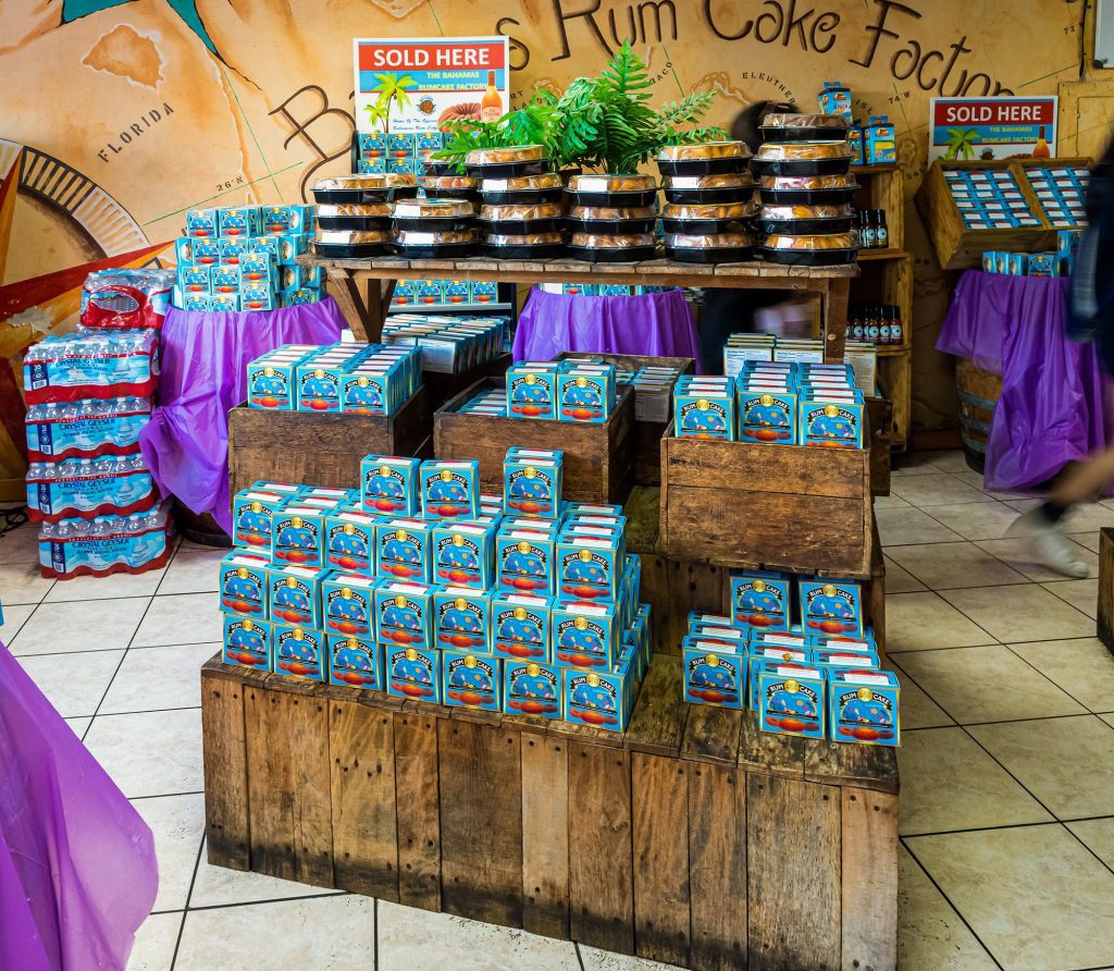 Stacks of Bahama Mama rum cakes ready for purchase at the Bahama Mama Rum Cake Factory in Nassau, Bahamas.