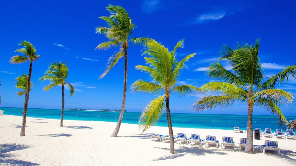 A scenic view of Cable Beach in Nassau, Bahamas, with crystal-clear turquoise waters, soft white sand, and lush trees lining the shore.