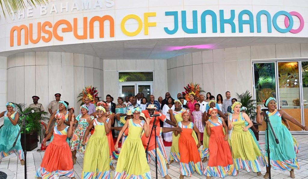 Interior view of the Junkanoo Museum in Nassau, showcasing vibrant costumes and artifacts from the traditional Bahamian festival.