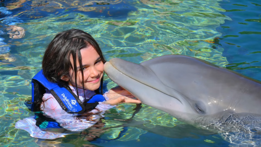 My daughter swimming with dolphins at Xcaret Park in Mexico