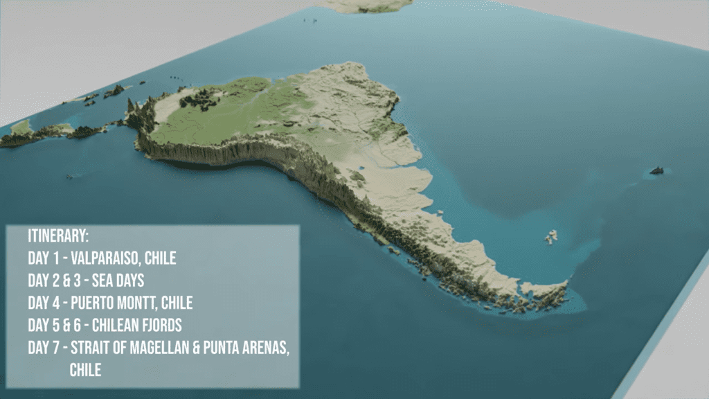 Map of Krisztian’s South American Cruise Itinerary on the Celebrity Eclipse, showing key ports and scenic cruising locations.