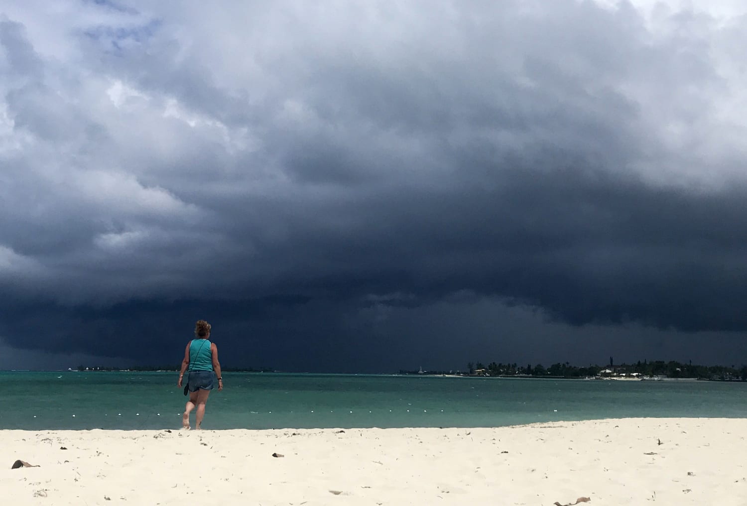 Stormy weather outlook over a beach in Nassau, Bahamas, on a rainy day.